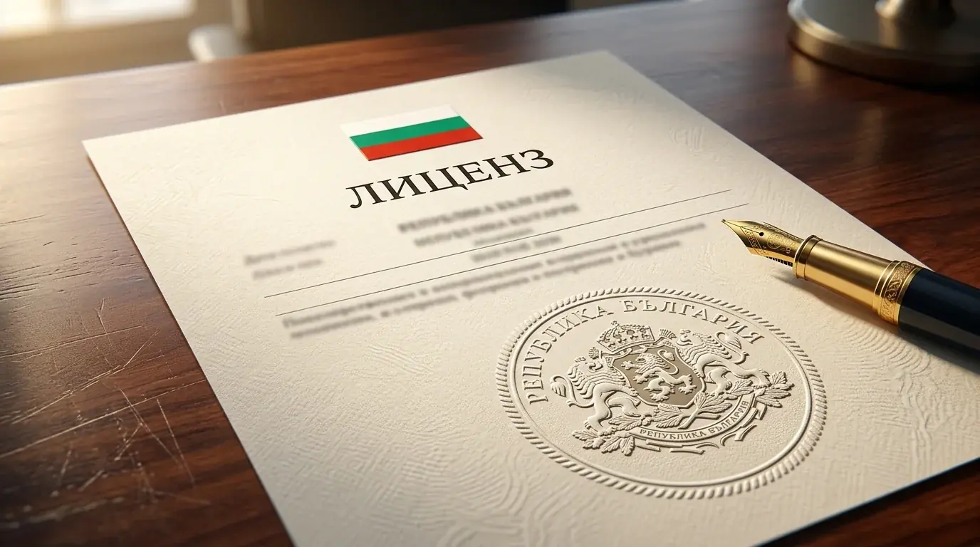 Документ за лиценз от НАП символизира регулираната среда за залози в България — защита на залагащия